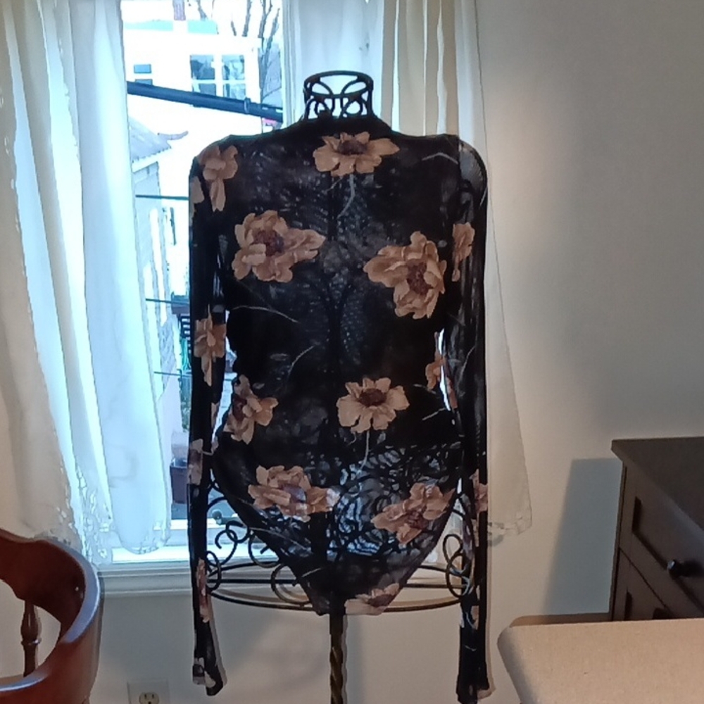 iris Black Sheer Floral Long-Sleeve Bodysuit with Beige Flowers